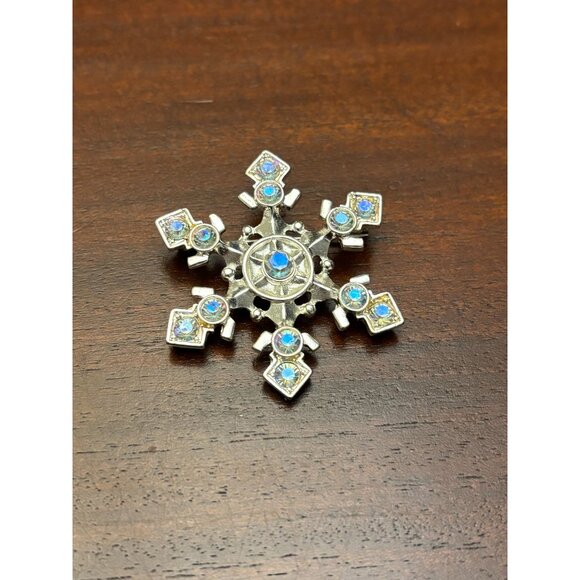 Christopher Radko Snowflake Pin Brooch Blue Rhinestones Silver-Tone Christmas - Picture 2 of 8